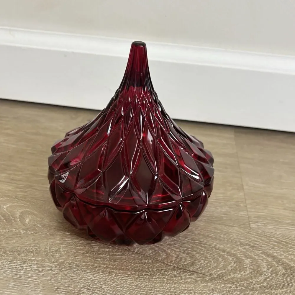 Hershey's Kisses Ruby Red Flash Pressed Glass Candy Dish w/ Lid Diamond Point